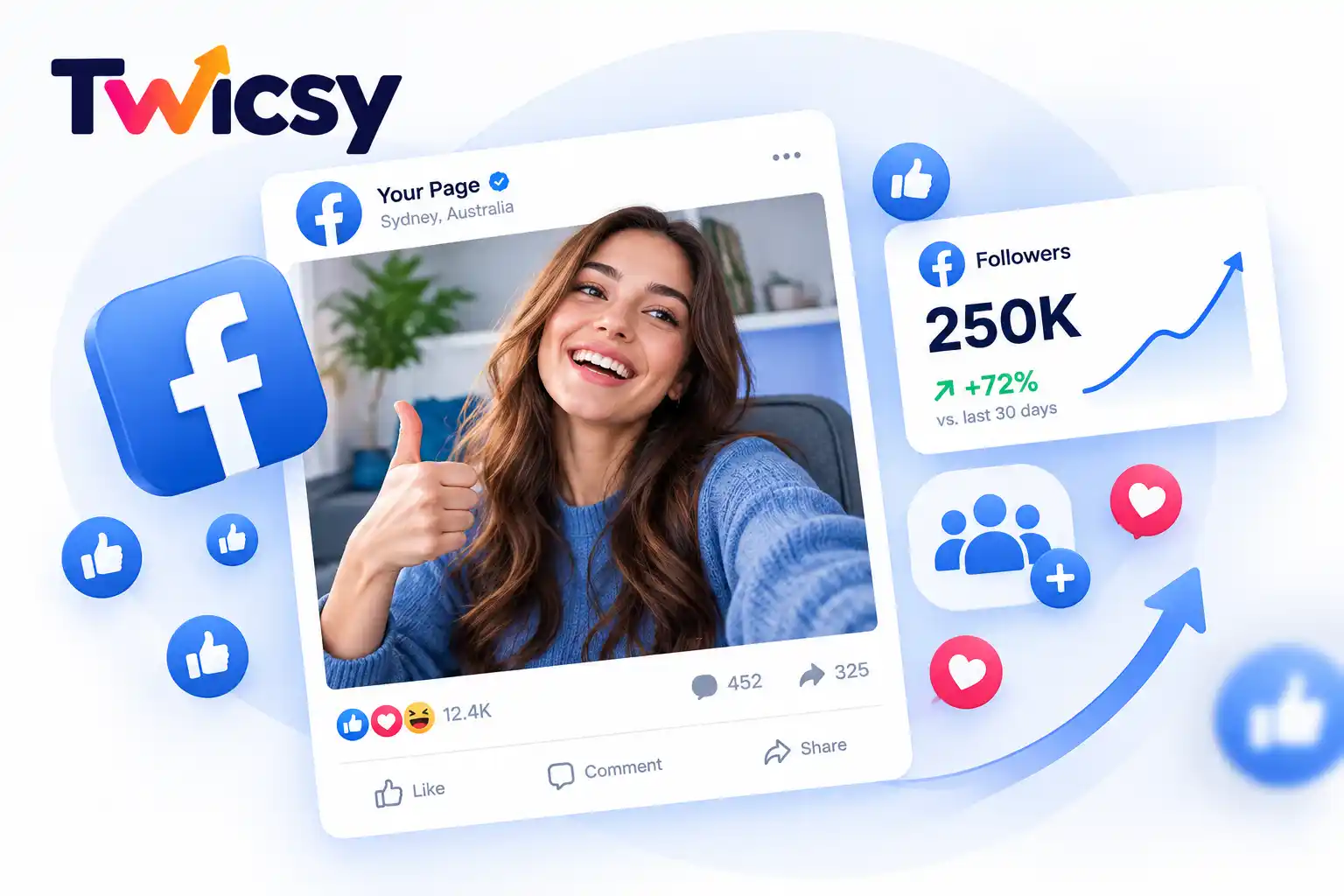 Facebook post from an Australian business collecting reactions on a phone screen